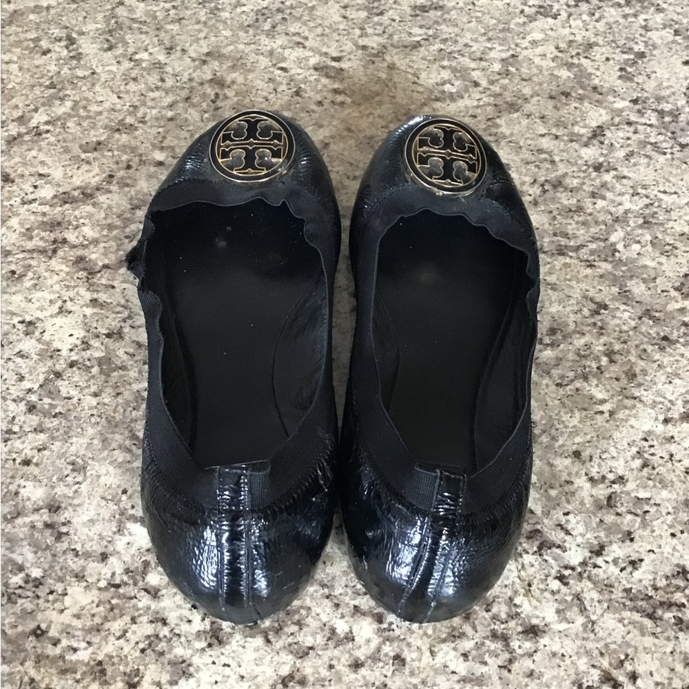 Tory Burch Black Flats with Gold Logo - Picture 2 of 5